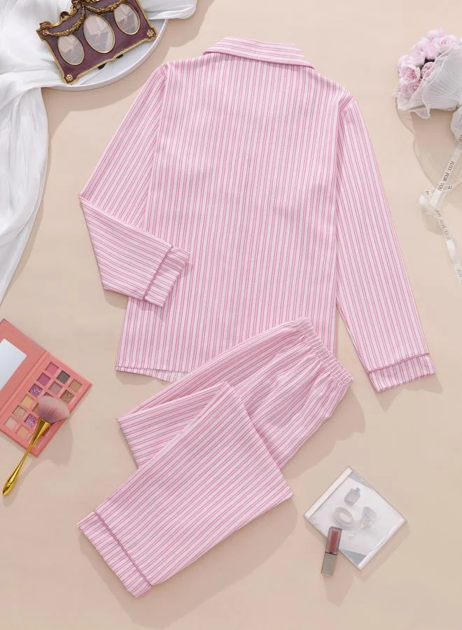 تايك تو طقم قميص وبنطال بيجاما مقلم وردي للنساء